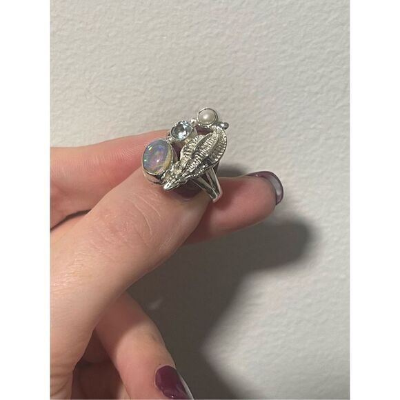 Sterling Silver Silver Ethiopian Opal / Pearl /  Blue Topaz Ring 6 - Picture 3 of 7